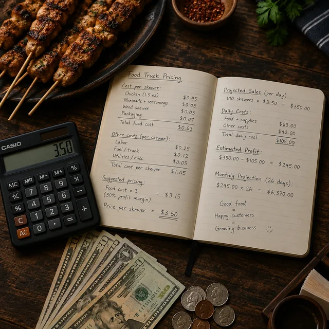 A notebook of skewer pricing math next to a calculator and cash