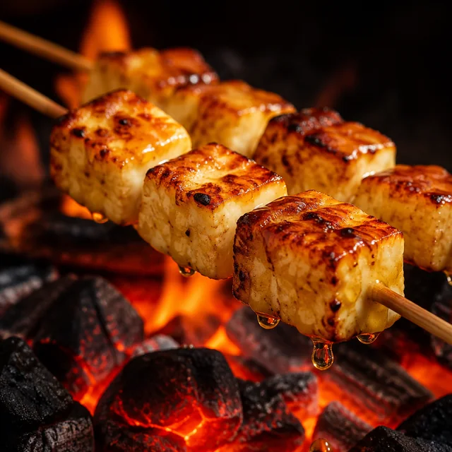 Grilling cheese skewers browning on the grate